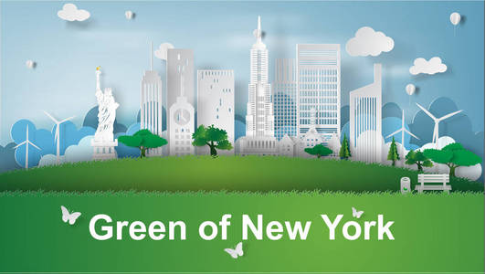 美国纽约市绿色地标纸艺, 矢量图
