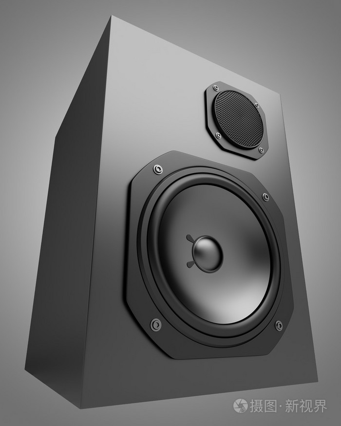 灰色背景上孤立的单个黑色音频扬声器