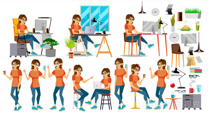 商业女性角色矢量.行动.创业公司.环境过程.规划.卡通插画