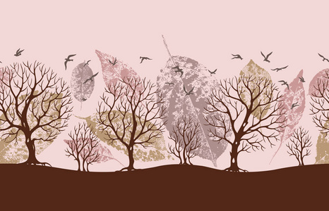树木和鸟类的无缝边界在温暖的颜色, 矢量插图, 剪影。打印与风景为织品墙纸和其他设计
