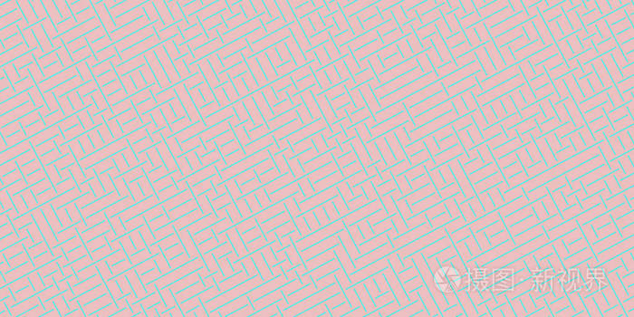 淡粉色蓝色无缝轮廓迷宫背景。迷宫路径拼图概念