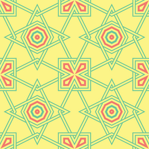 几何黄色无缝图案。色背景以粉红色和绿色设计为墙纸纺织品和织品