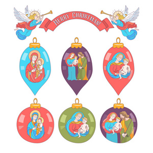 圣诞树球集。圣诞节装饰描绘一个神圣的家庭向量例证白色背景