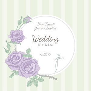 复古风格的婚礼请柬。白色的圆形标签用紫罗兰玫瑰的树枝装饰。婚礼设计高雅卡模板