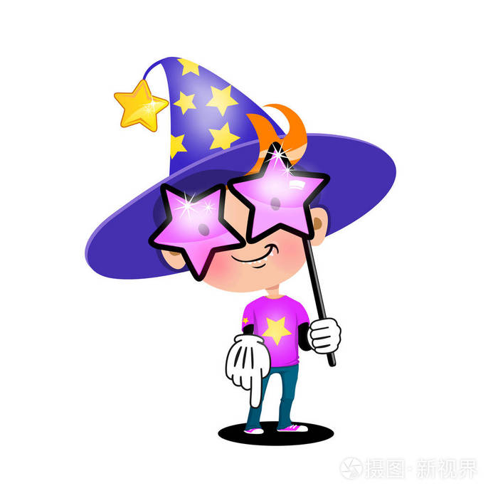 矢量插图.魔术的男孩与魔术眼镜字符, 被隔绝在白色背景