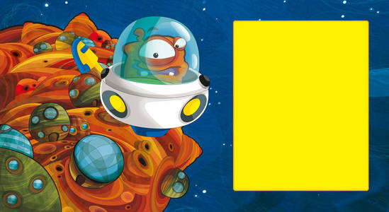 卡通场景与一些有趣的前瞻外星人飞行在一些行星空间附近的飞碟车儿童文本插图