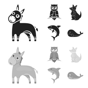 驴, 猫头鹰, 袋鼠, 鲨鱼。动物集合图标黑色, monochrom 风格矢量符号股票插画网站