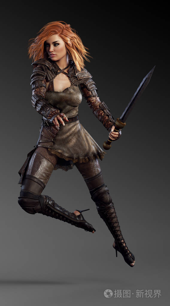 幻想科幻或蒸汽朋克战士在皮革盔甲用剑