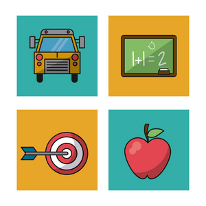 白色背景与彩色广场的教育图标与公共汽车和黑板, 目标和苹果