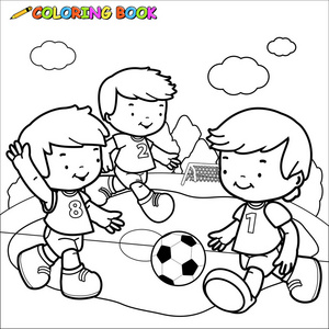 孩子们踢足球。着色书页