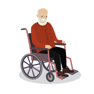 老人坐在轮椅上, 微笑着祖父, 在白色背景下孤立, 卡通矢量插画照片