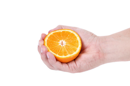 手挤压成熟多汁的橙子