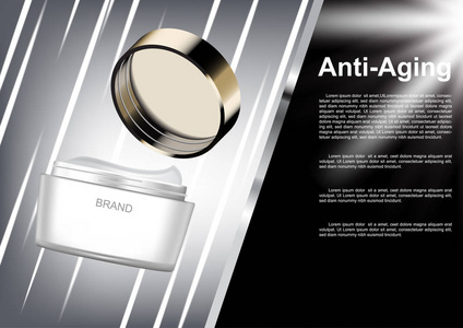 化妆品广告模板, 开放的抗衰老奶油与抽象线和黑色背景