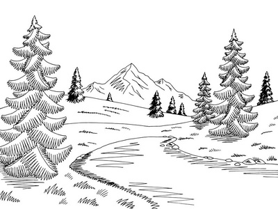 高山湖图黑白风景素描图矢量照片