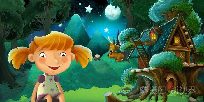 动画片场面与女孩在森林附近休息和美丽的木房子-浪漫夜-例证为孩子