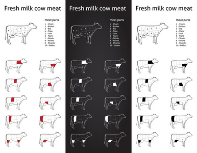 包装和信息图形 1 的新鲜的牛奶奶牛肉部分图标
