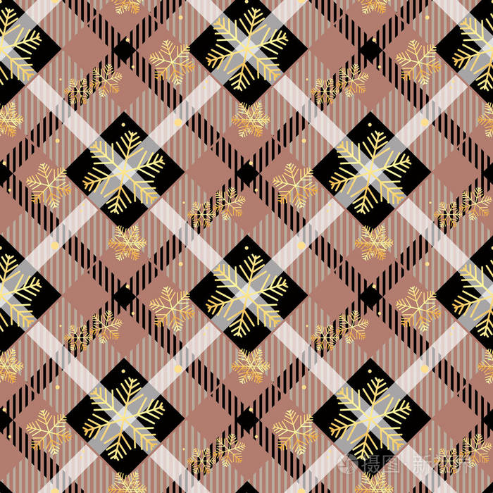 金色的雪花无缝的深色格子织物纹理对角线图案无缝矢量图 eps10