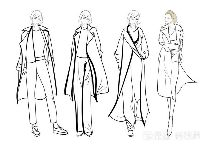 插画 时尚时装模特.漂亮的年轻女孩时尚女孩素描.eps