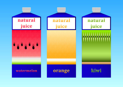 一组天然果汁包装, 具有逼真的果形图像