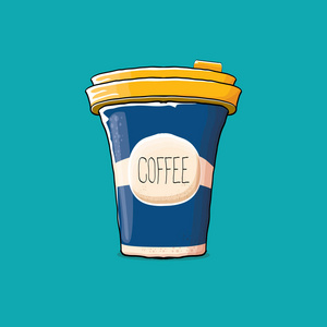 咖啡杯被隔离在绿松石背景。带热咖啡和彩色标签的咖啡纸彩杯