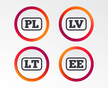 语言图标。, Lv, 它和 Ee 翻译符号。波兰拉脱维亚立陶宛和爱沙尼亚语。图表设计按钮。圆形模板。向量