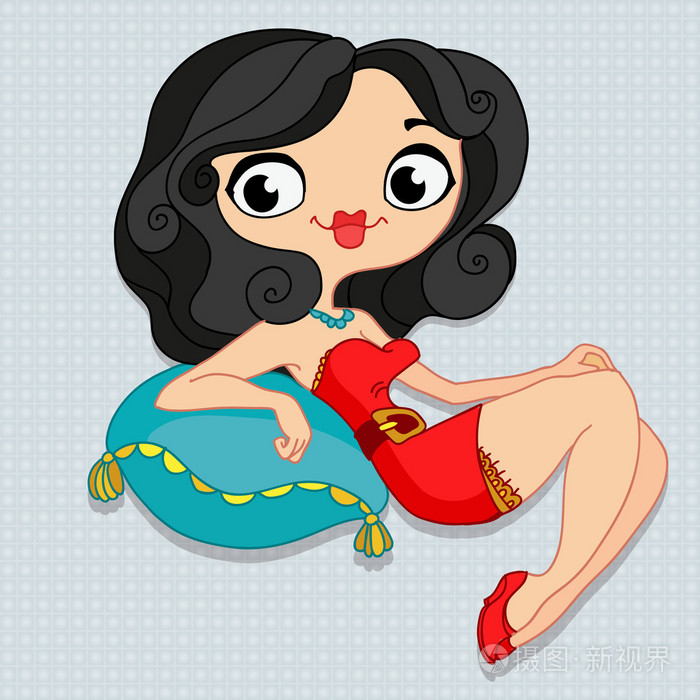 穿红裙子的黑发蓝枕头上倾斜插画-正版商用图片079tz1-摄图新视界