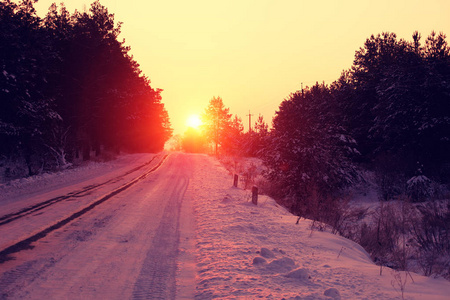 日落时森林附近积雪覆盖的道路