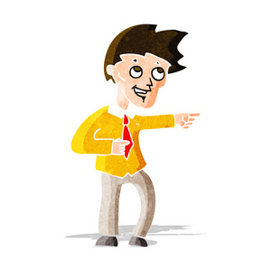 滑稽的生意男子指着卡通滑稽办公室名男子指着照片