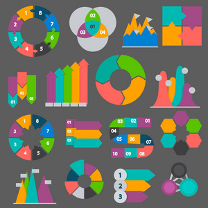 各种图表和图形元素的信息图表彩色平面图标集