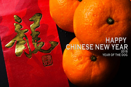 快乐的中国年概念。2018年的狗. 红包和橘子。外国 中国 字符意味运气