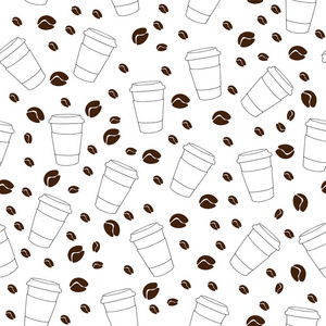 带咖啡豆的白色背景的矢量无缝图案