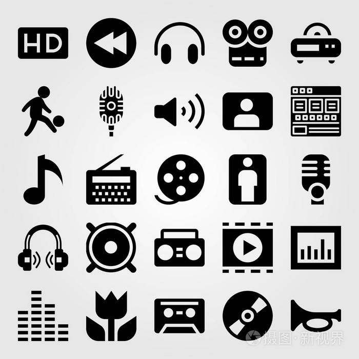 多媒体图标集矢量扬声器胶片卷电影播放器和声音栏