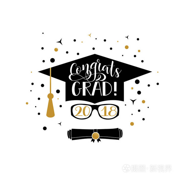 恭喜毕业18刻字 恭喜毕业横幅毕业帽和文凭滚滚动平面设计图标 完成教育符号插画 正版商用图片07a6ti 摄图新视界