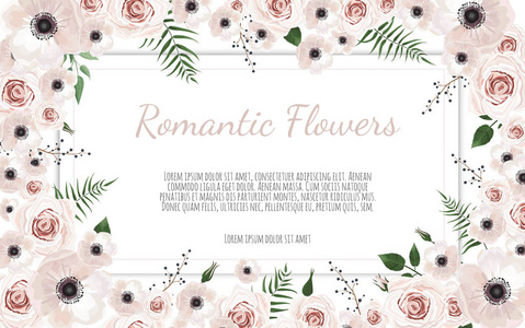 卡片上有树叶和鲜花。花卉海报, 邀请。矢量装饰贺卡, 请柬设计背景