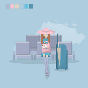 旅游概念, 平面设计。一个在机场有手提箱的女孩正在等飞机。向量
