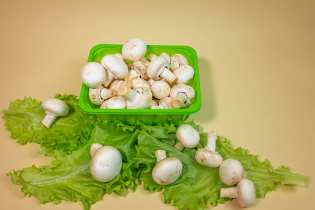 新鲜香菇蘑菇在塑料容器和绿生菜叶上的特写视图