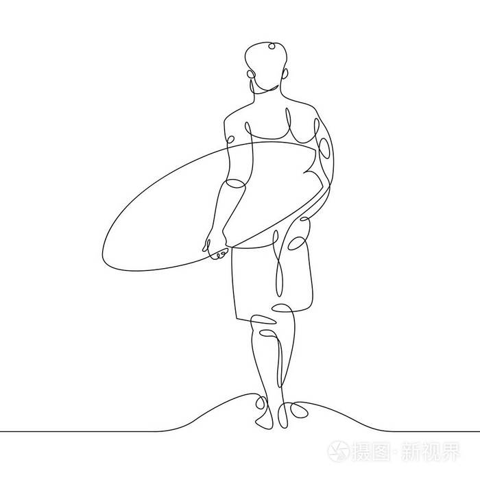 连续一条线的冲浪者与冲浪板在海滩上插画-正版商用图片07amno-摄图新