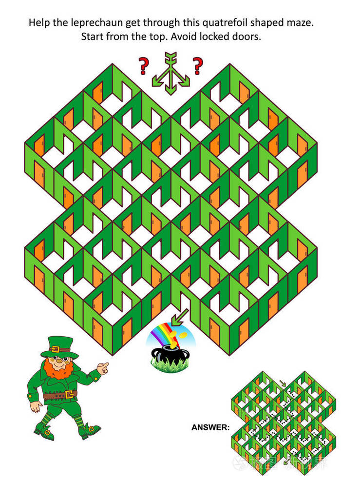 圣帕特里克节主题室和门迷宫游戏或活动页面: 帮助妖精通过