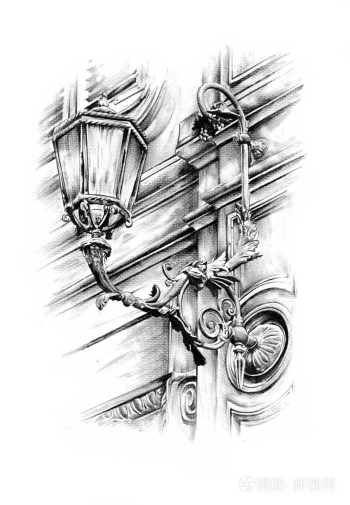 手工仿古一盏路灯绘图