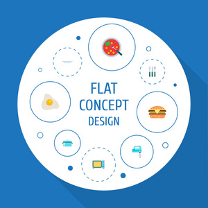一套厨房图标平面式符号与微波, 汉堡, 汤和其他图标为您的 web 移动应用程序徽标设计