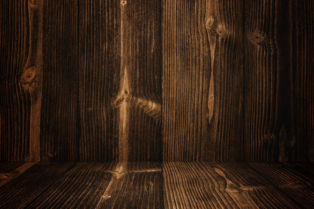 Grunge 暗木背景墙和地板。木的纹理。表面，显示的背景下，把产品放在地板上