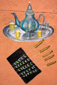 传统的摩洛哥茶和食物的绘图图片