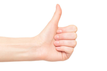 特写左女性手拇指向上手势成功隔绝在白色背景下照片