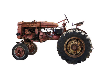 质朴的老红色拖拉机, 查出的白色背景。农业概念