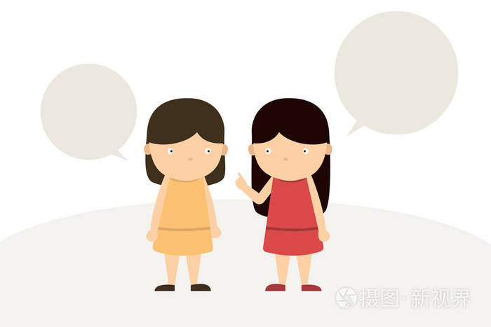 女孩和朋友站在地上与对话文本框