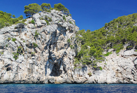 美丽的悬崖在地中海覆盖着绿树。蓝天背景。西班牙