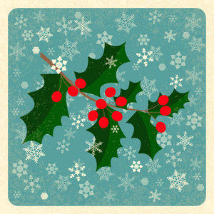 霍莉。向量例证。有浆果的树枝。新年, 圣诞节。传统符号。复古的垃圾背景与雪花。扁平式