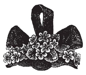 女士的帽子是散落在前面的小花, 复古线条画或雕刻插图
