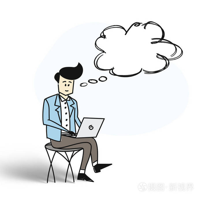商务男士坐在椅子上, 用笔记本电脑思考插画-正版商用图片07bp7c-摄图