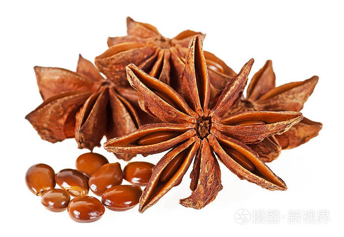 在白色背景下分离的八角香料水果和种子
